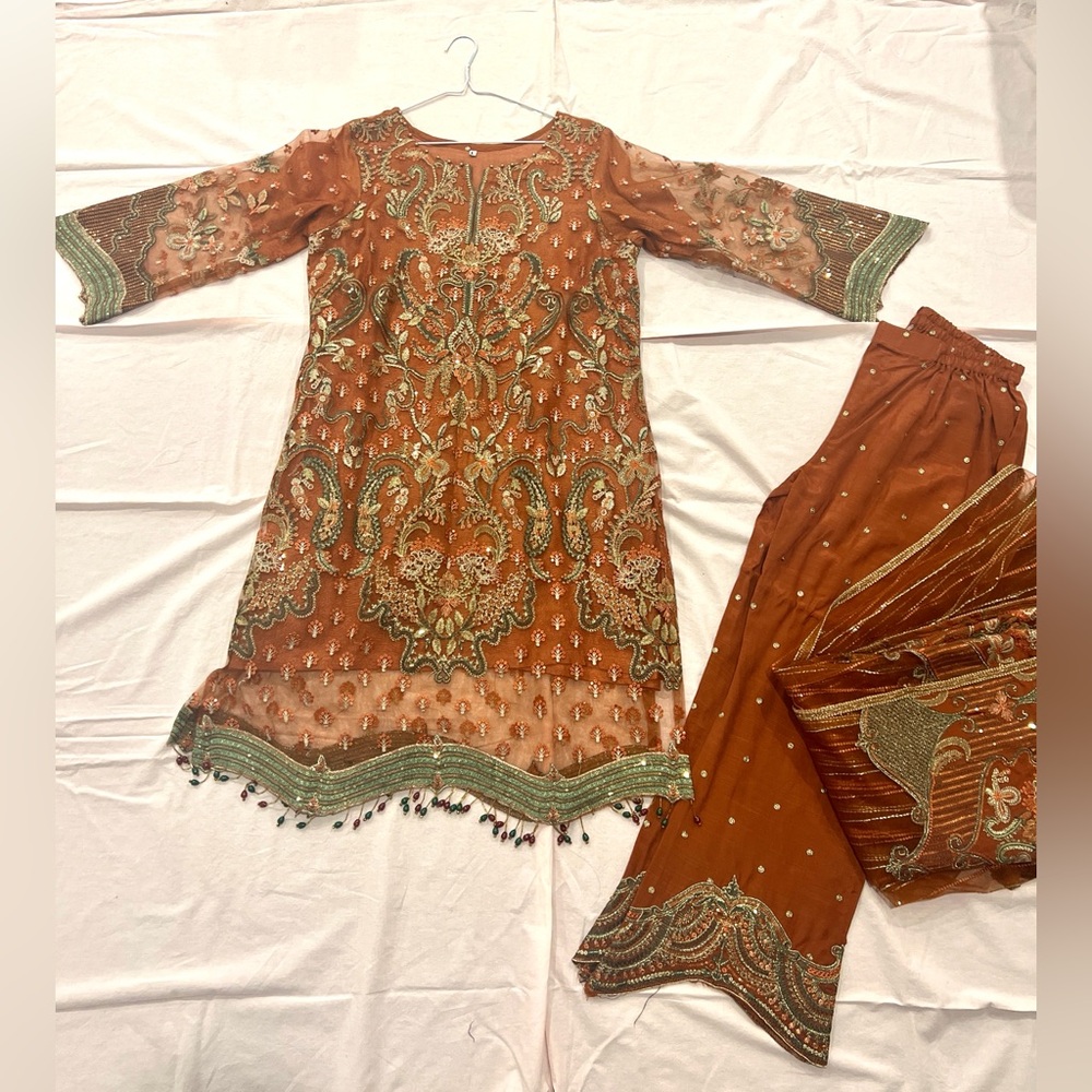 Orange Fancy Party 3 Piece Southasian Pakistani Suit Set Kameez Shalwar Dupatta